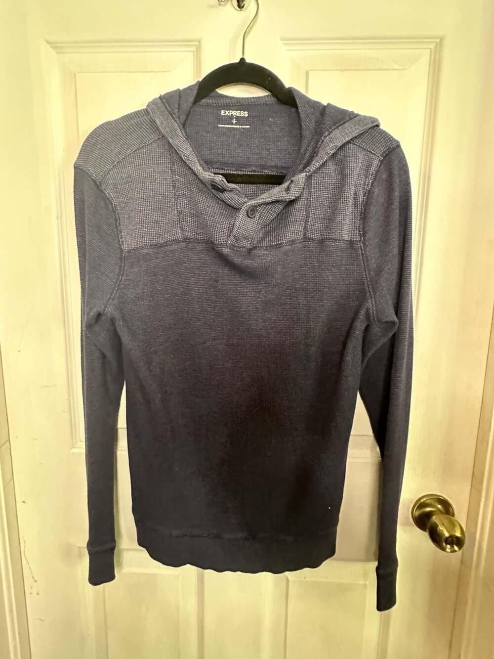 Express Men's Blue Thermal Waffle Knit Hooded Henley Shirt